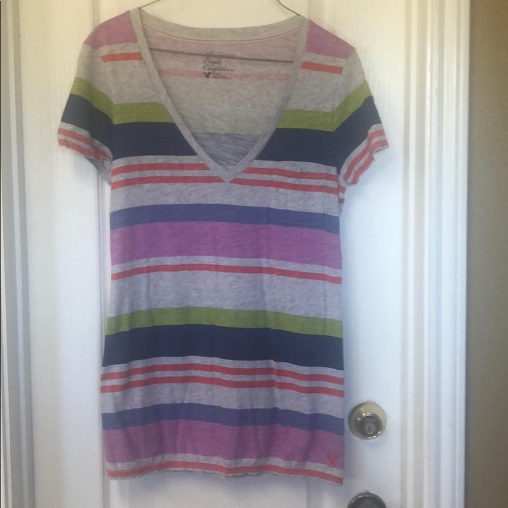 V-Neck multi-colored striped T-Shirt